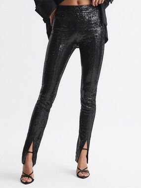Reiss Jemima Black Sequin Split-Hem Skinny Trousers